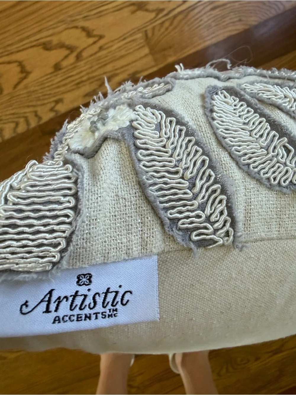 Embroidered Floral Lumbar Pillow in Light Gray and Cream
